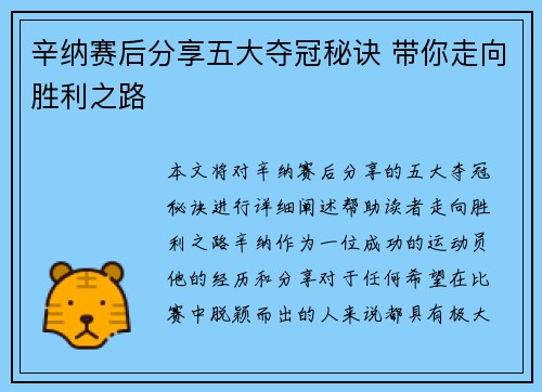 辛纳赛后分享五大夺冠秘诀 带你走向胜利之路